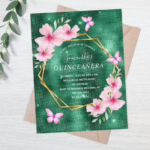 Emerald green pink florals Quinceanera Postcard