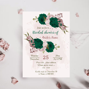 emerald green pink flowers botanical bridal shower invitation