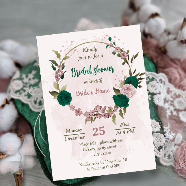 emerald green pink flowers botanical bridal shower invitation (Creator Uploaded)