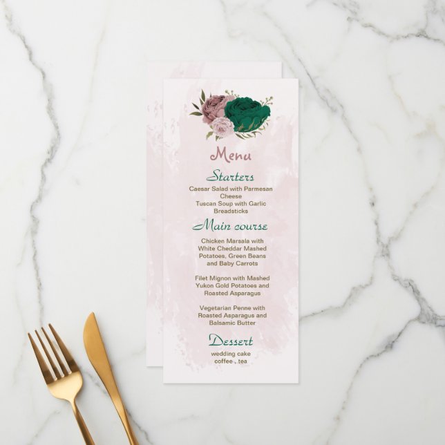 emerald green pink flowers botanical wedding menu (Front/Back In Situ)