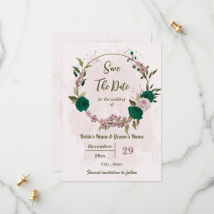emerald green pink flowers botanical wedding save the date