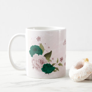 emerald green pink flowers coffee mug