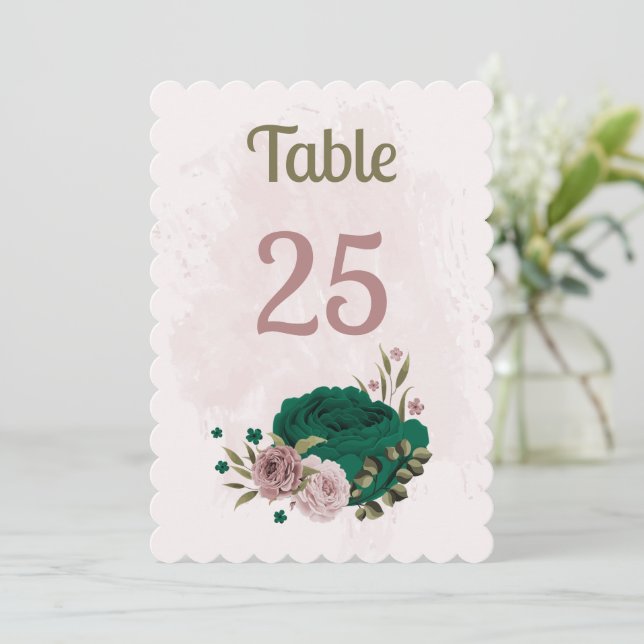 emerald green pink flowers table number card (Standing Front)