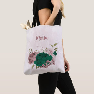 emerald green pink flowers tote bag