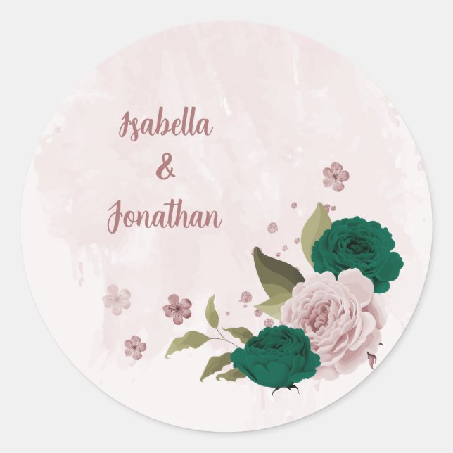 emerald green pink flowers wedding classic round sticker (Front)
