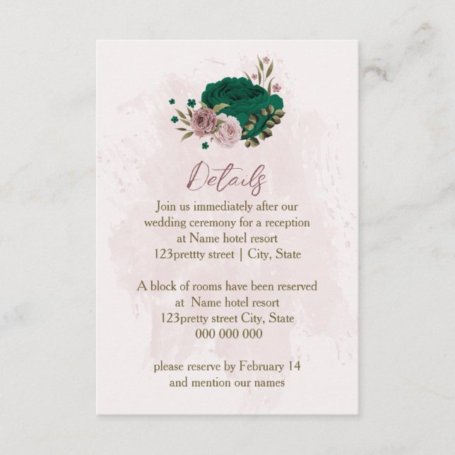 emerald green pink flowers wedding details enclosure card (Front)