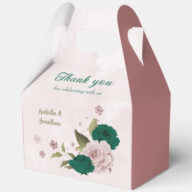 emerald green pink flowers wedding  favour box (Front)