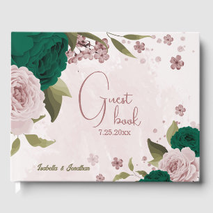 emerald green pink flowers wedding guest book