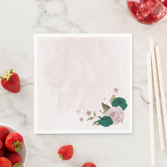 emerald green pink flowers wedding napkin (Insitu)