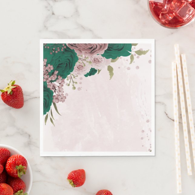 emerald green pink flowers wedding napkin (Insitu)