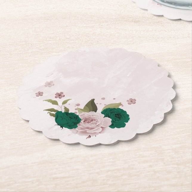 emerald green pink flowers wedding paper coaster (Angled)