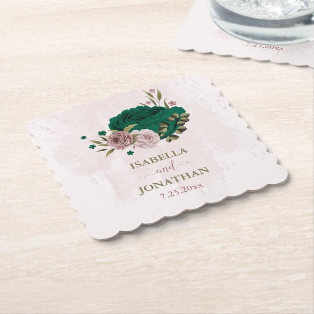 emerald green pink flowers wedding paper coaster (Angled)
