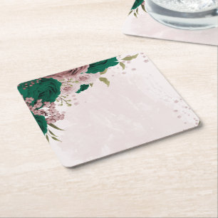 emerald green pink flowers wedding square paper coaster