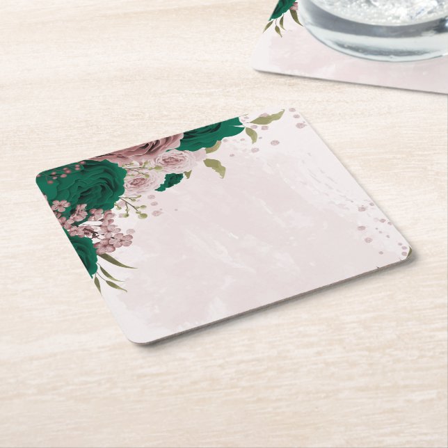 emerald green pink flowers wedding square paper coaster (Angled)
