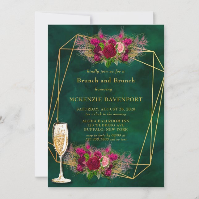 Emerald Green Pink Peony Roses Brunch and Bubbly Invitation (Front)