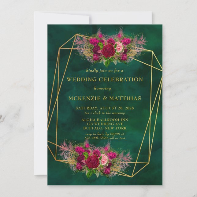 Emerald Green Pink Peony Roses Wedding Invitation (Front)