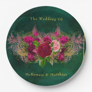 Emerald Green Pink Peony Roses Wedding Paper Plate