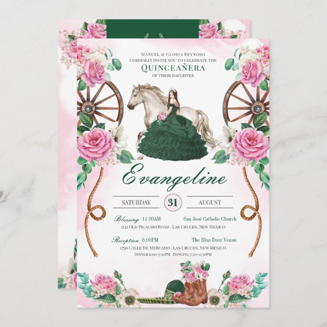 Emerald Green Pink Rose Rustic Charro Quinceañera Invitation (Front/Back)