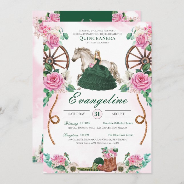 Emerald Green Pink Roses Enchanted Charro Quince Invitation (Front/Back)
