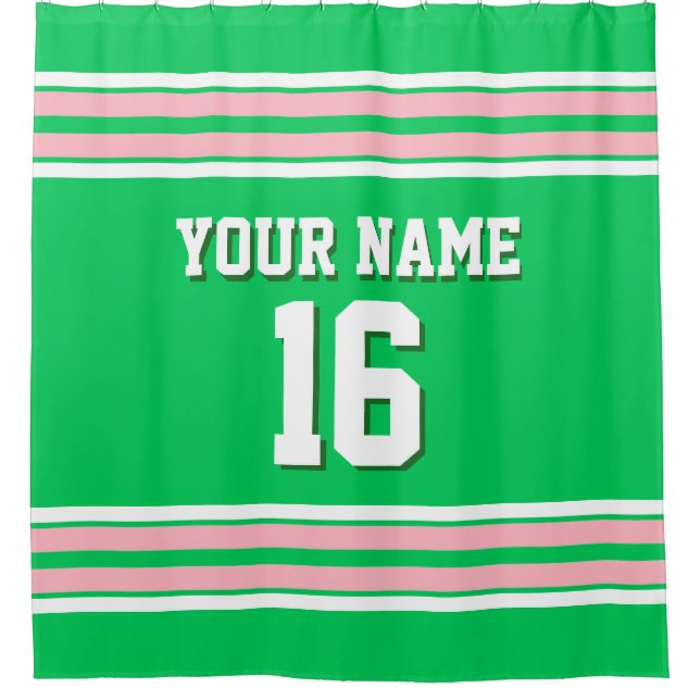 Emerald Green Pink White Stripes Sports Jersey Shower Curtain (Front)