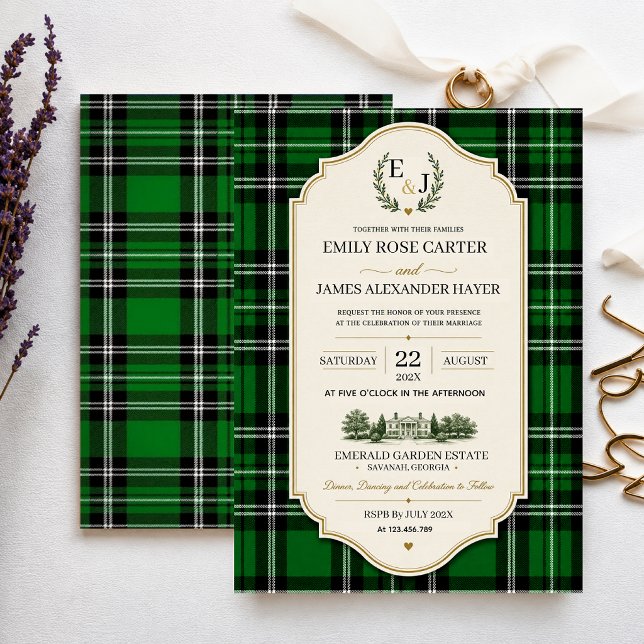 Emerald Green Plaid Elegant Scottish Invitation (Creator Uploaded)