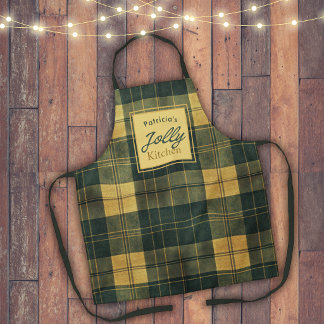 Emerald Green Plaid Gold Jolly Kitchen Christmas Apron