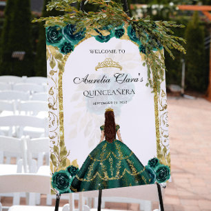 Emerald Green Princess Floral Quinceañera Birthday Poster
