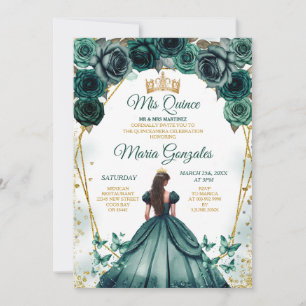 Emerald Green Princess Quinceañera Crown Floral Invitation