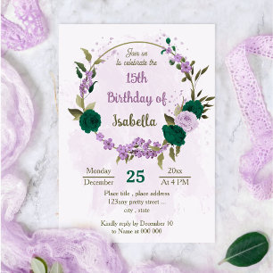 emerald green purple flowers birthday invitation