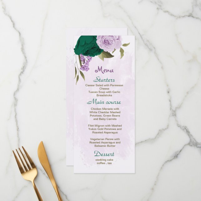 emerald green purple flowers botanical wedding menu (Front/Back In Situ)