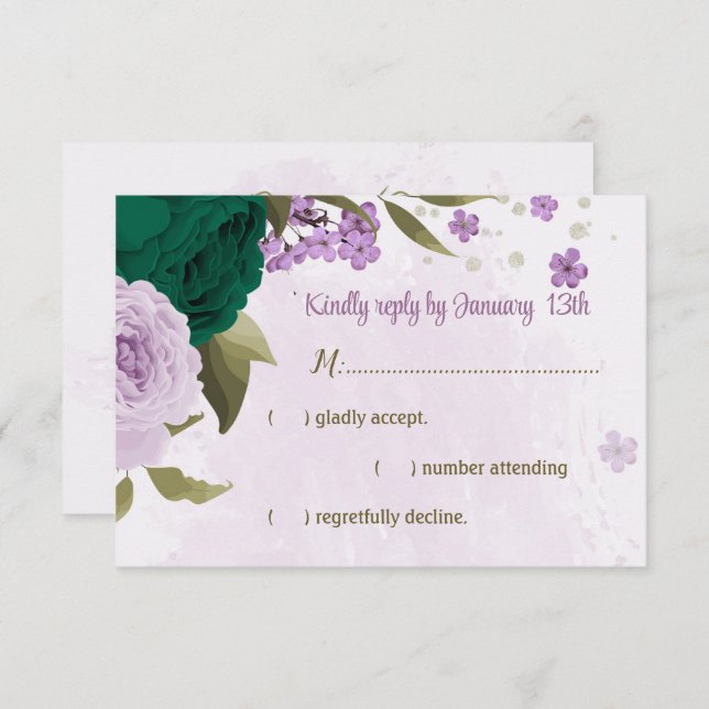 emerald green purple flowers botanical wedding RSVP card (Front/Back)