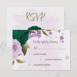 emerald green purple flowers botanical wedding RSVP card