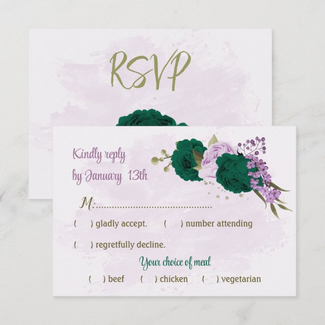 emerald green purple flowers botanical wedding RSVP card (Front/Back)