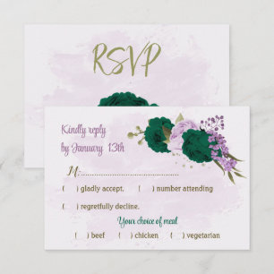 emerald green purple flowers botanical wedding RSVP card