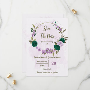 emerald green purple flowers botanical wedding save the date