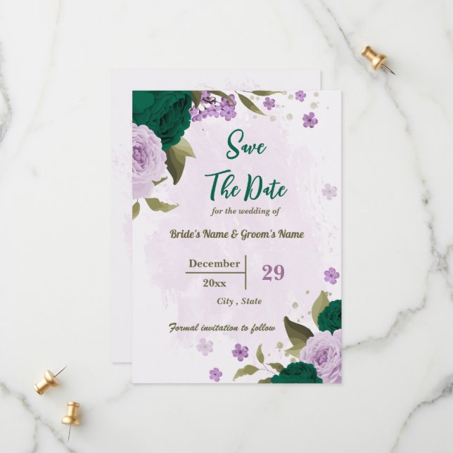 emerald green purple flowers botanical wedding save the date (Front/Back In Situ)