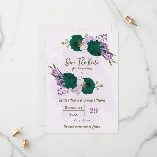 emerald green purple flowers botanical wedding save the date (Front/Back In Situ)