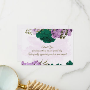 emerald green purple flowers botanical wedding thank you card