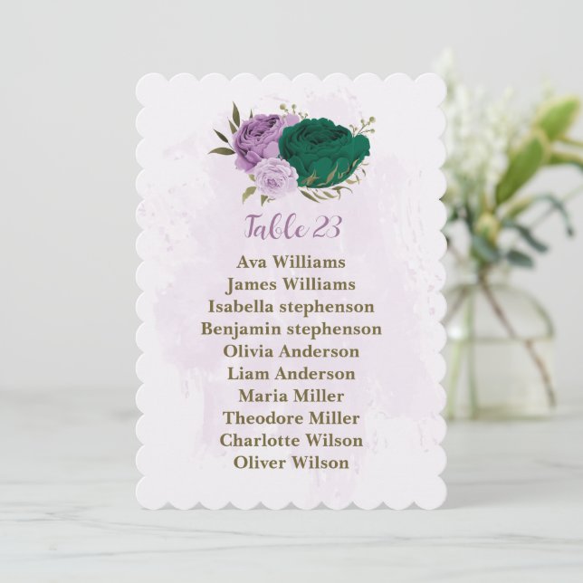 emerald green purple flowers seating chart card (Standing Front)