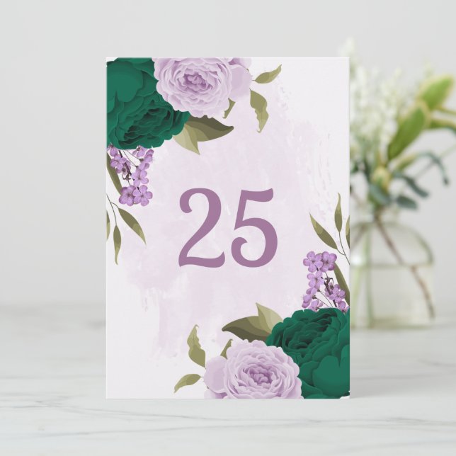 emerald green purple flowers table number card (Standing Front)