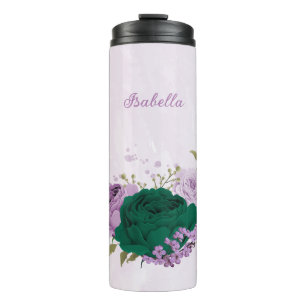 emerald green purple flowers thermal tumbler