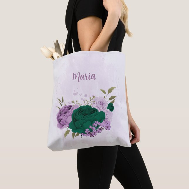  emerald green purple flowers tote bag (Close Up)