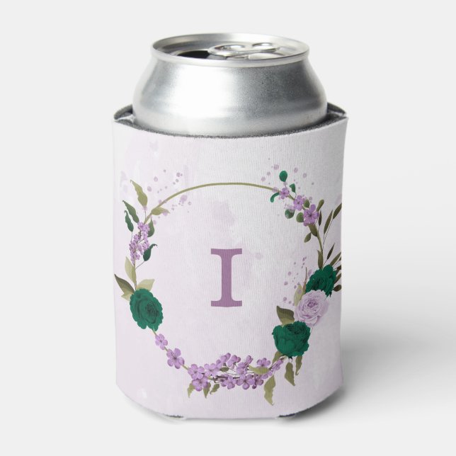 emerald green purple flowers wedding  can cooler (Can Front)