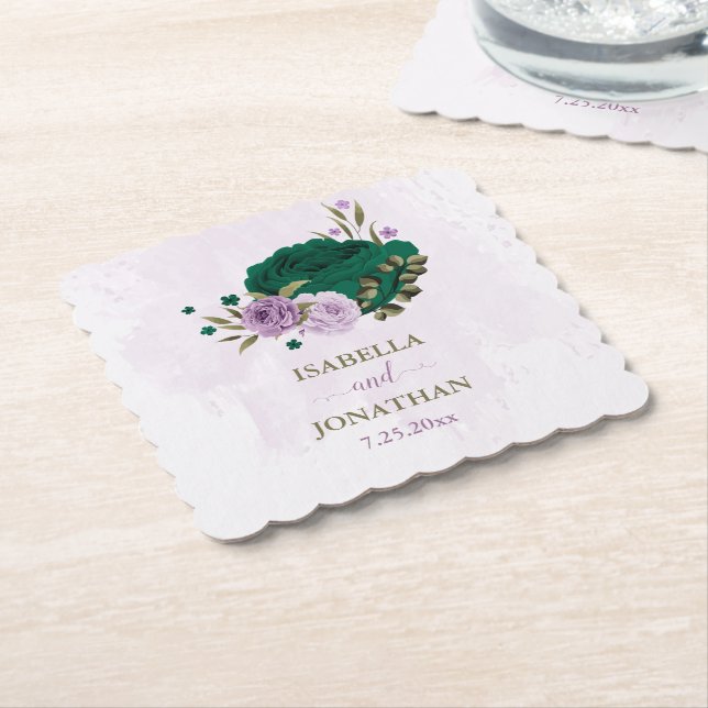 emerald green purple flowers wedding paper coaster (Angled)