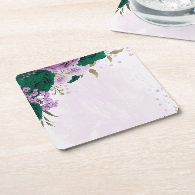 emerald green purple flowers wedding square paper coaster (Angled)