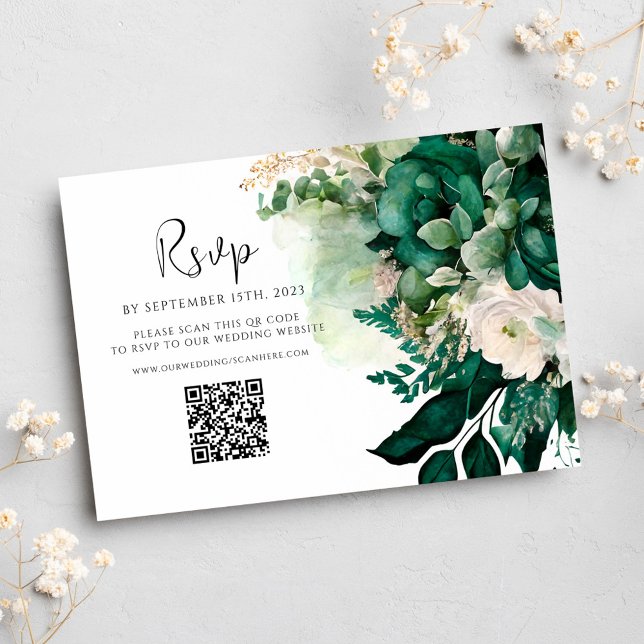 Emerald Green QR Code Floral Botanical Wedding RSVP Card (Emerald Green QR Code Floral Botanical Wedding RSVP Card)
