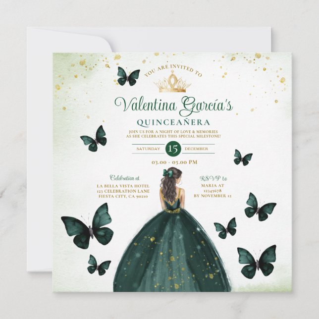 Emerald Green Quinceañera 15 Anos Flowers Gold Invitation (Front)