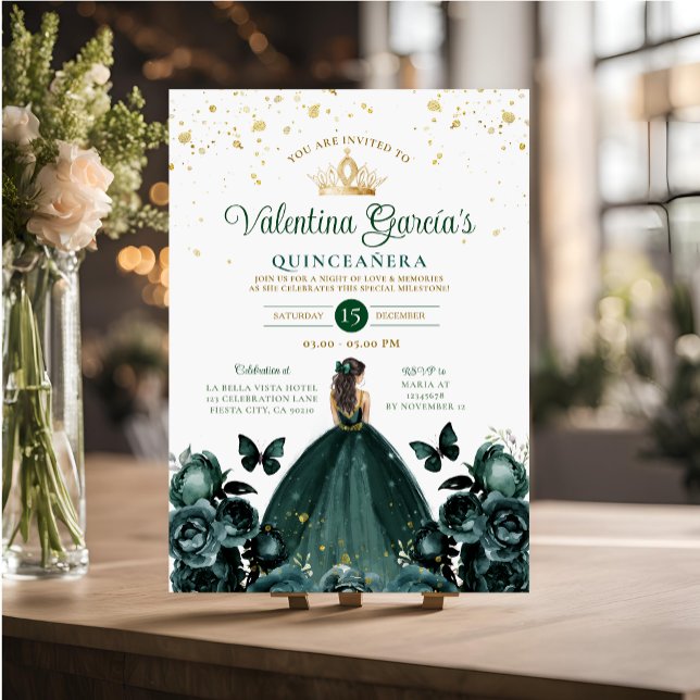 Emerald Green Quinceañera 15 Anos Flowers Gold Invitation (Creator Uploaded)