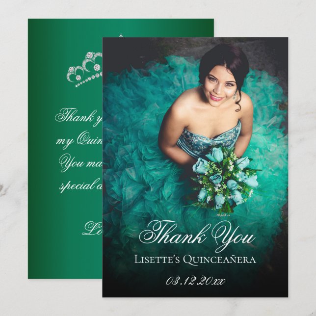 Emerald Green Quinceanera Add Photo Personalised Thank You Card (Front/Back)