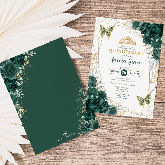 Emerald Green Quinceañera Butterflies Geometric Invitation (Creator Uploaded)
